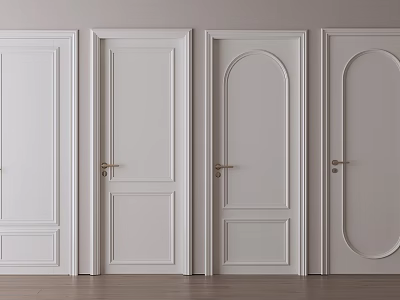 White Hinged Doors With Various Designs Arched Panels Golden Handles Light Walls Wooden Floor 3d model
