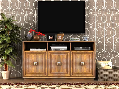 Wooden TV Stand Featuring Large Screen TV Decorative Vase Photo Frames And Geometric Wallpaper 3d model