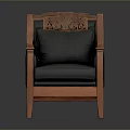 Traditional Wooden Chair With Intricate Carved Backrest And Black Cushioned Seat
