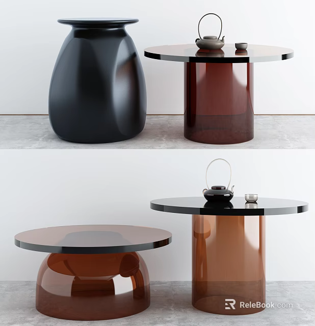 Modern Round Coffee Table With Glass Top Brown Base And Teapot Decorations 3d model 