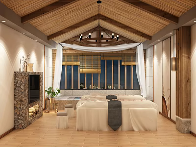 Tranquil SPA Sauna Interior With Wooden Ceiling Chandelier Stone Wall And Massage Beds 3d model