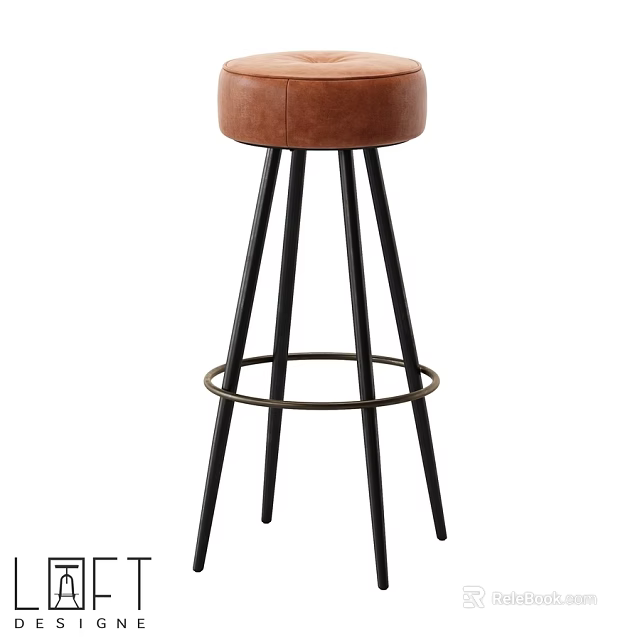 Brown Leather Bar Stool With Black Metal Frame And Tall Support Legs 3d model 