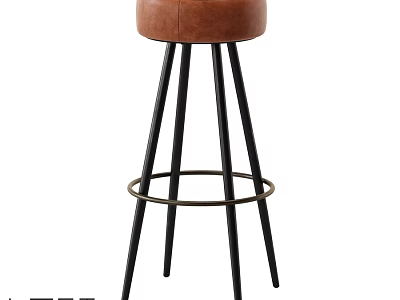 Brown Leather Bar Stool With Black Metal Frame And Tall Support Legs 3d model