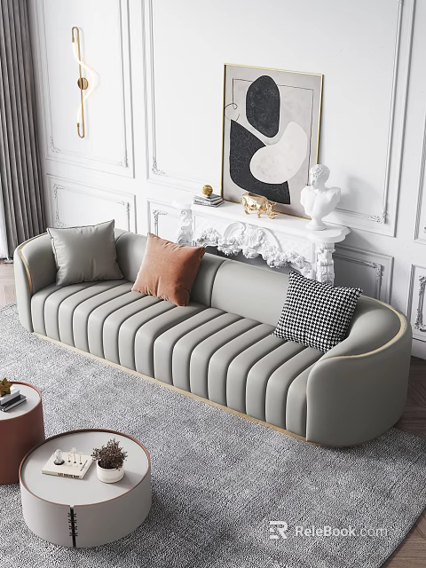Gray Large Sofa With Gold Trim And Decorative Pillows In Elegant Living Room 3d model 