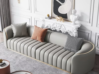 Gray Large Sofa With Gold Trim And Decorative Pillows In Elegant Living Room 3d model