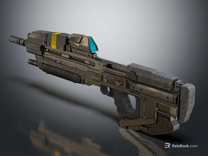 Futuristic Sci Fi Weapon With Yellow Stripe Blue Scope And Mechanical Structure 3d model