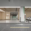 Underground Parking Garage B1 With Green Striped Columns Lane Markings Arrow Directions Parked Cars