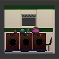 Vintage Laundry Shop Interior Design With Washing Machines Green Chairs Potted Plants And Checkerboard Floor