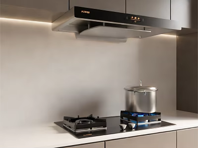 Modern Kitchen With FOTILE Range Hood Gas Stove White Countertop And Gray Cabinets 3d model