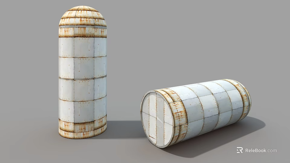 Industrial Cylindrical Storage Tanks White With Rusty Edges Upright And Horizontal 3d model 