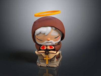 Cute Monk Sculpture in Brown Hooded Robe With Yellow Halo Holding Red Heart and Cross 3d model