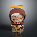 Cute Monk Sculpture in Brown Hooded Robe With Yellow Halo Holding Red Heart and Cross