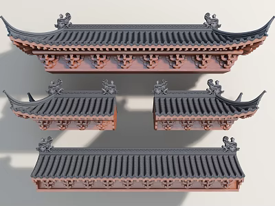 Traditional Chinese Architectural Components With Multiple Tiled Roof Structures Eaves And Decorative Carvings 3d model