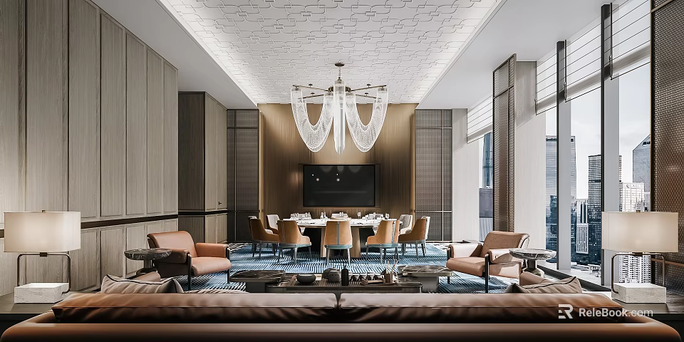 Modern Luxurious Private Box Interior With Chandelier Dining Table Chairs Sofa TV And Windows 3d model