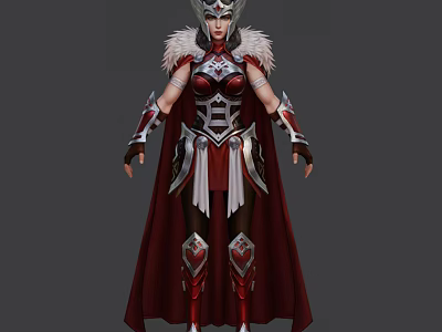 Detailed Warrior Game Movie Character With Red Cape Silver Armor And Feathered Headdress 3d model