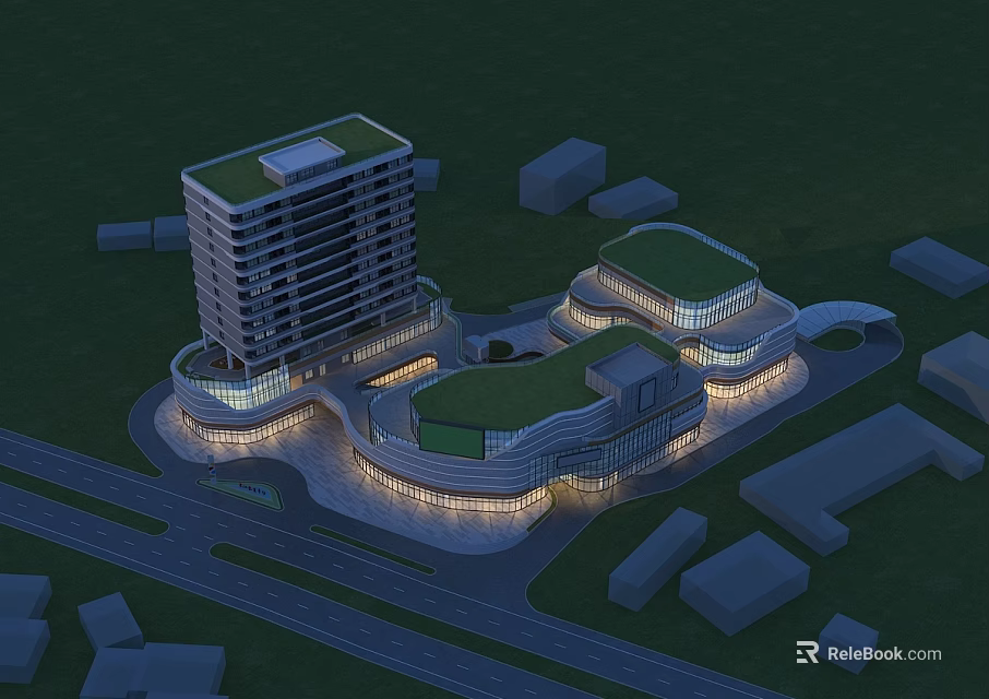 Aerial Planning of Modern Architectural Complex With Green Roofs And Illuminated Layout 3d model 