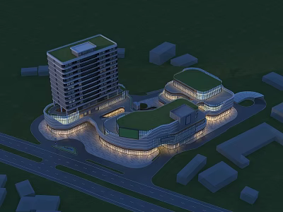 Aerial Planning of Modern Architectural Complex With Green Roofs And Illuminated Layout 3d model