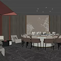 Elegant Chinese Private Dining Room With Round Dining Table Comfortable Chairs And Landscape Decor