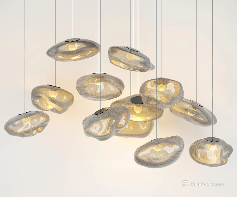 Irregular Shaped Glass Pendant Lights Hanging With Warm Yellow Glow For Modern Interior 3d model 