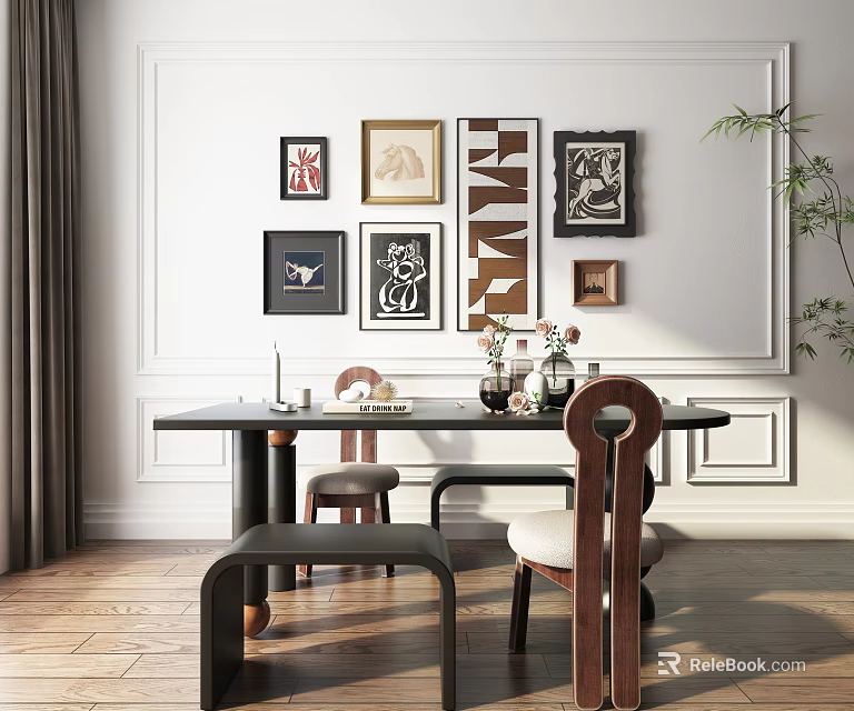 Elegant Restaurant Interior With White Walls Framed Artworks Dining Table Chairs And Wooden Flooring 3d model 