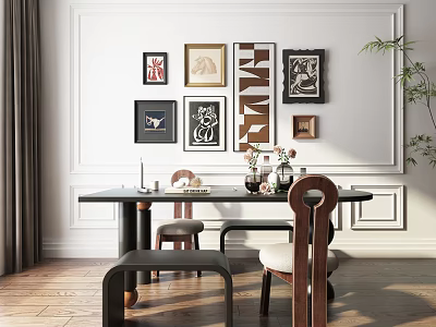 Elegant Restaurant Interior With White Walls Framed Artworks Dining Table Chairs And Wooden Flooring 3d model