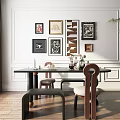 Elegant Restaurant Interior With White Walls Framed Artworks Dining Table Chairs And Wooden Flooring