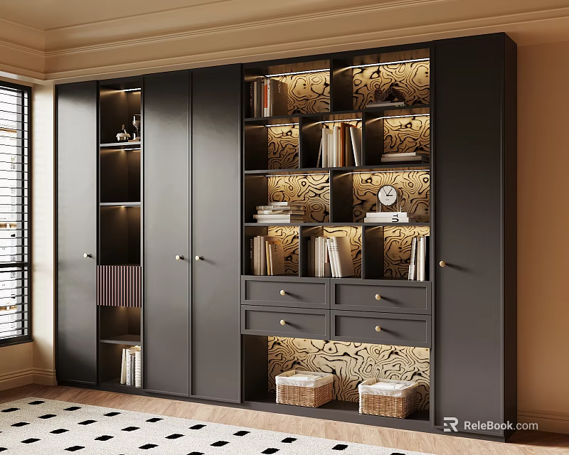 Black Built in Bookcase With Patterned Backdrop Shelves Drawers Books And Storage Baskets 3d model 