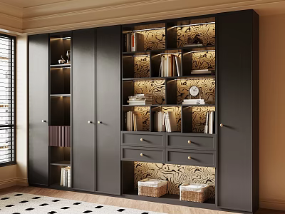 Black Built in Bookcase With Patterned Backdrop Shelves Drawers Books And Storage Baskets 3d model