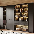 Black Built in Bookcase With Patterned Backdrop Shelves Drawers Books And Storage Baskets