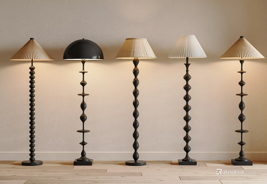 Stylish Floor Lamps With Decorative Spiral Bases And Various Shades On Light Wall Wooden Floor 3d model 