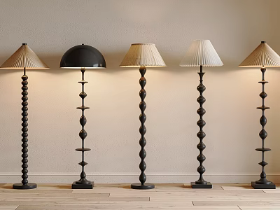 Stylish Floor Lamps With Decorative Spiral Bases And Various Shades On Light Wall Wooden Floor 3d model