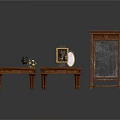 Vintage Wooden Furniture Including Two Side Tables And Blackboard Cabinet With Decorative Items