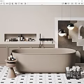 Modern Beige Bathtub Interior Design With Cabinets Wall Decor And Pendant Lights