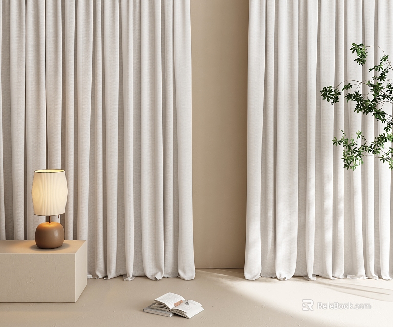 White Flowing Curtains In Cozy Interior With Table Lamp And Green Plant 3d model 