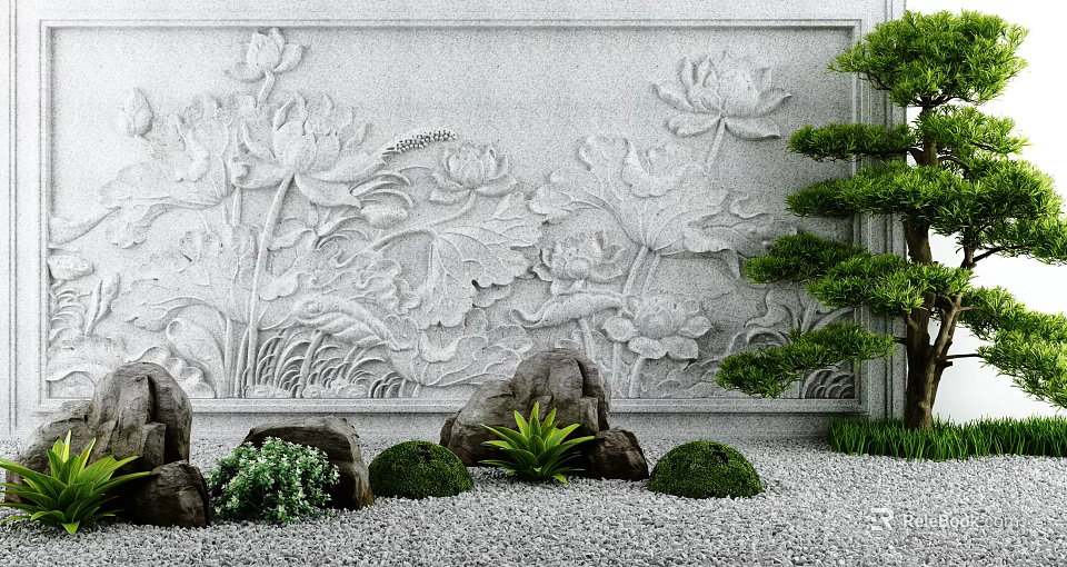 Stone Wall With Lotus Relief In Zen Garden Landscape 3d model 
