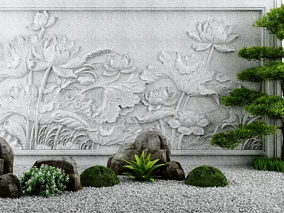 Stone Wall With Lotus Relief In Zen Garden Landscape 3d model