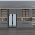 Modern Open Concept Kitchen Interior With Stylish Glass Door Wine Cabinet And Ambient Lighting