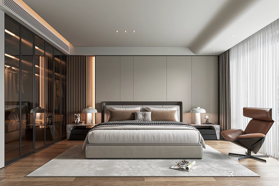 Elegant Modern Bedroom Interior With King Size Bed Nightstands Lamps And Accent Chair 3d model 