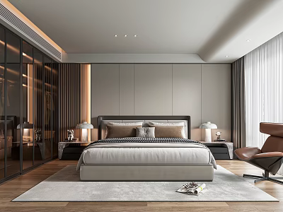 Elegant Modern Bedroom Interior With King Size Bed Nightstands Lamps And Accent Chair 3d model