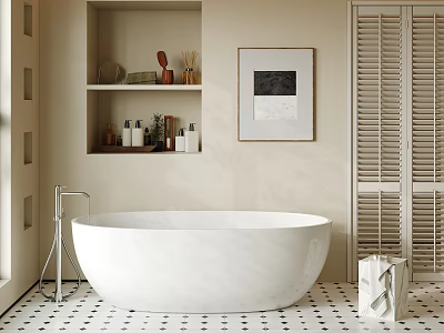 Freestanding White Bathtub with Louvered Doors Shelves Toiletries Framed Artwork Checkerboard Flooring 3d model