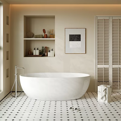 Freestanding White Bathtub with Louvered Doors Shelves Toiletries Framed Artwork Checkerboard Flooring 3d model