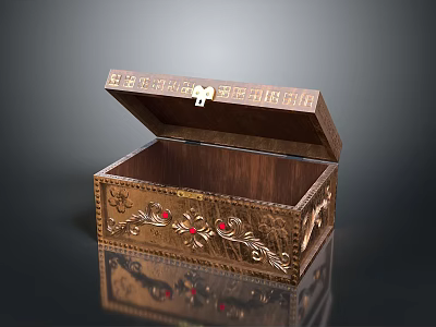 Elegant Wooden Garment Storage Box With Intricate Carved Design And Red Gemstone Accents 3d model