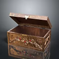 Elegant Wooden Garment Storage Box With Intricate Carved Design And Red Gemstone Accents