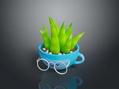 Green Leafy Plant In Blue Cup Shaped Pot With Glasses And Smiley Decoration 3d model