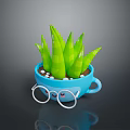 Green Leafy Plant In Blue Cup Shaped Pot With Glasses And Smiley Decoration