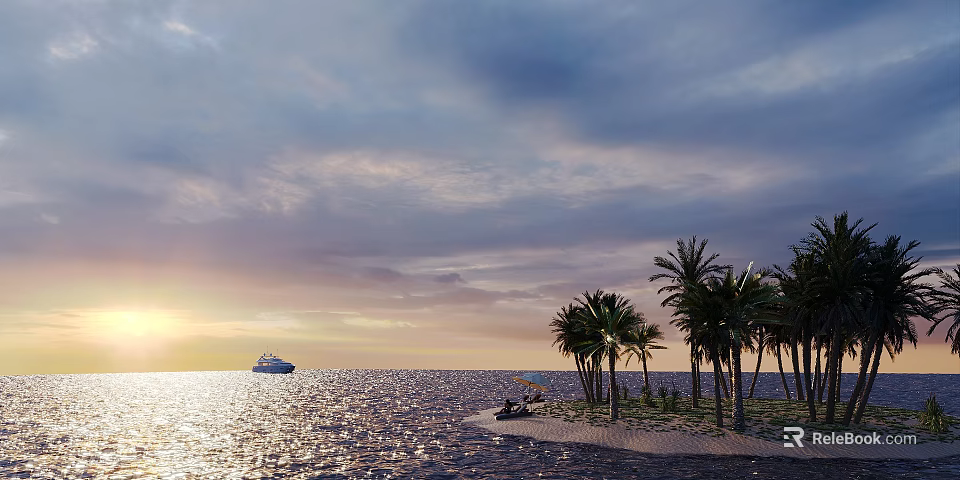 Serene Sunset Over Ocean With Distant Yacht Tropical Island Palm Trees Sandy Beach Umbrella And Lounger 3d model 
