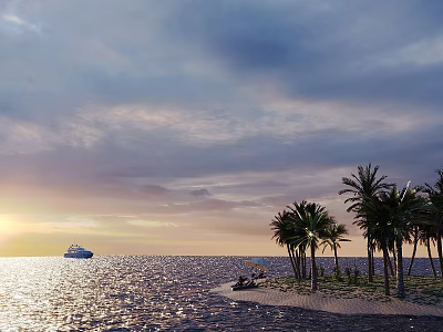 Serene Sunset Over Ocean With Distant Yacht Tropical Island Palm Trees Sandy Beach Umbrella And Lounger 3d model