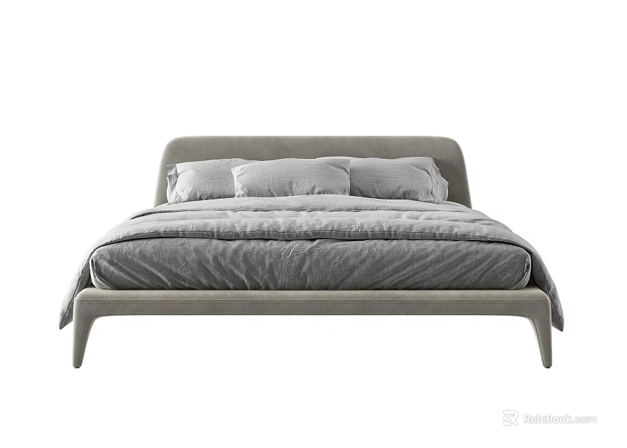 Modern Gray Double Bed Frame With Soft Pillows And Cozy Comforter 3d model