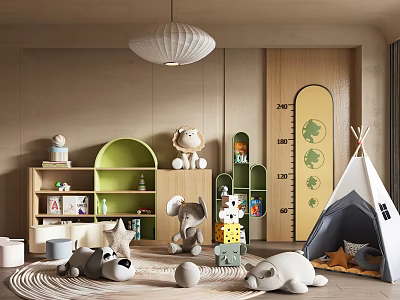 Cozy Kids Room With Teepee Tent Stuffed Animals Growth Chart Pendant Light And Wooden Shelves 3d model