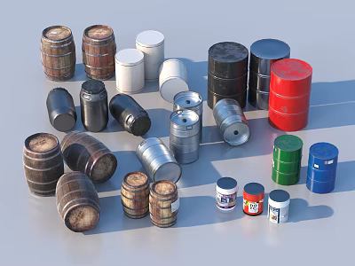 Assorted Household Barrels And Drums With Different Colors Sizes And Materials 3d model